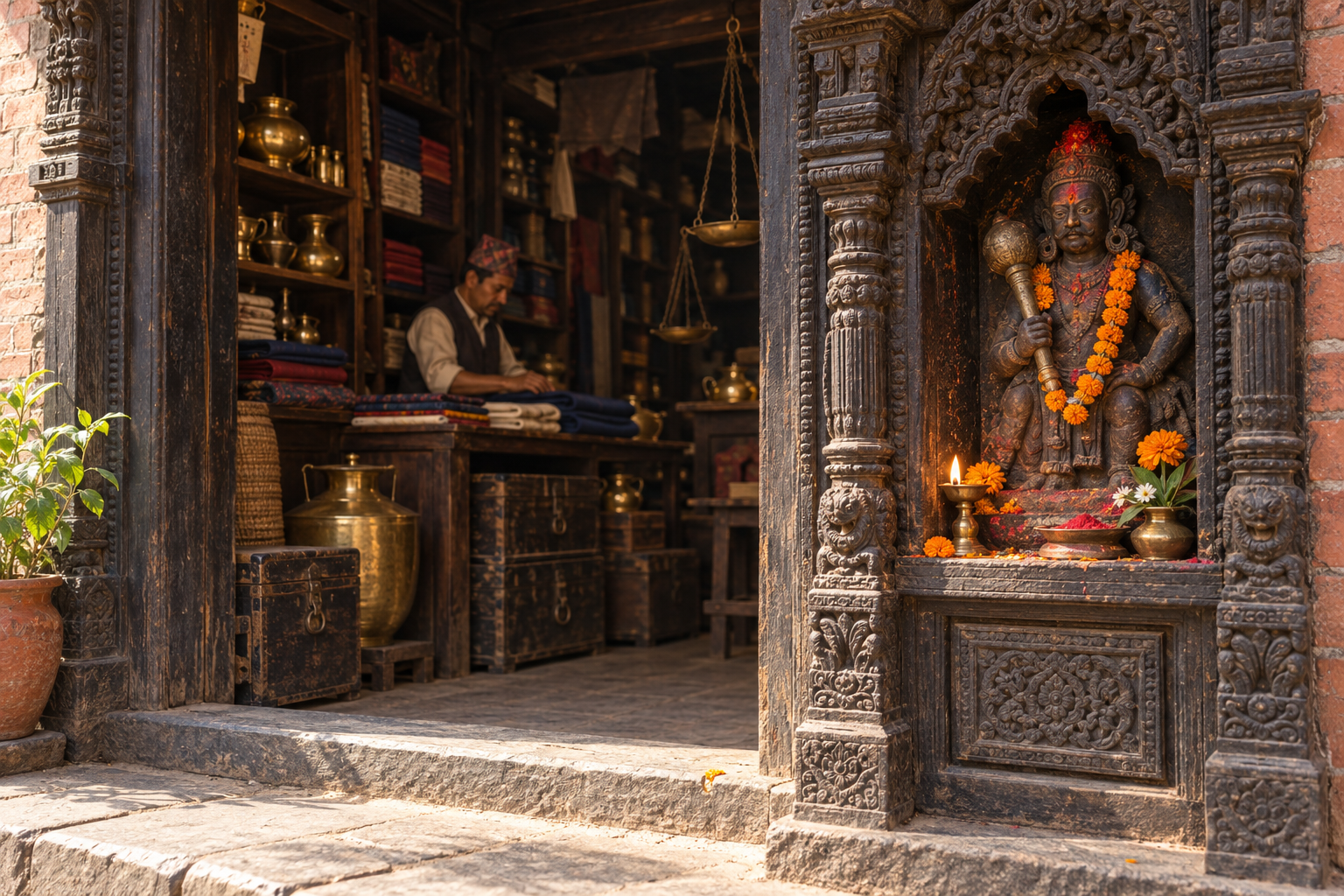 A small shrine to Bhimsen with a mace, flowers, an oil lamp, and offerings stands beside the carved wooden entrance of a traditional Newa shop filled with trade goods.