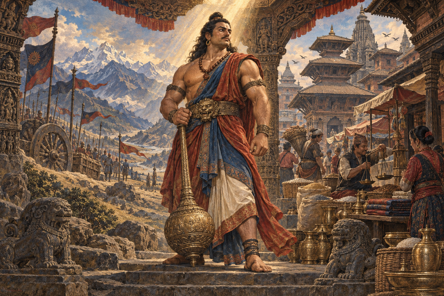A central figure of Bhimsen holding a mace connects an epic landscape on one side with a traditional Kathmandu Valley marketplace on the other.