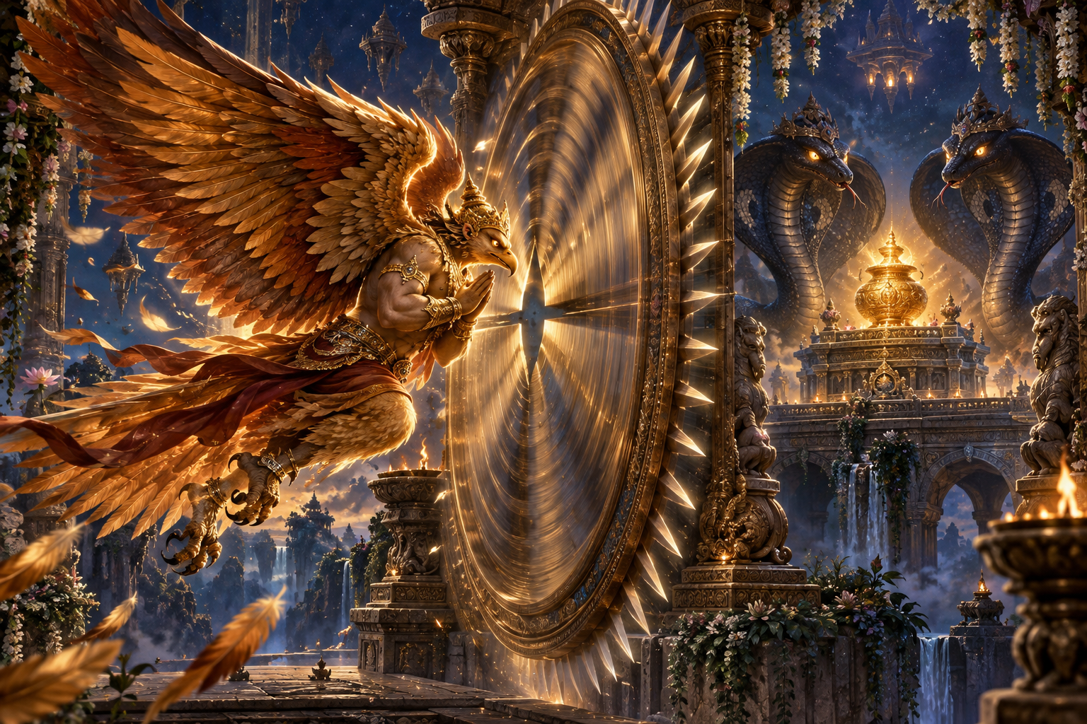 Garuda folds his golden wings before a spinning bladed wheel, with a glowing vessel of Amrita and two guardian snakes beyond it.