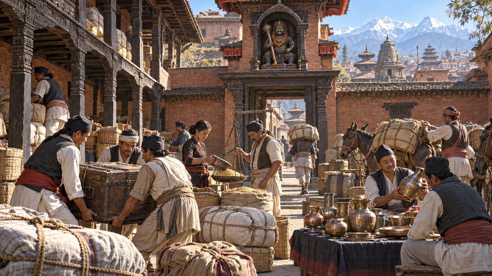 Merchants and porters weigh grain, lift a chest, arrange goods, and prepare pack animals beneath a small Bhimsen shrine in a Newa trading courtyard.