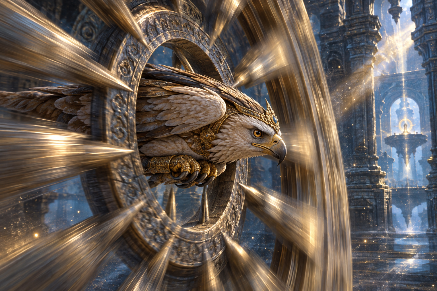Garuda draws his wings and body close to pass precisely through the narrow center of a spinning wheel with sharp spokes.