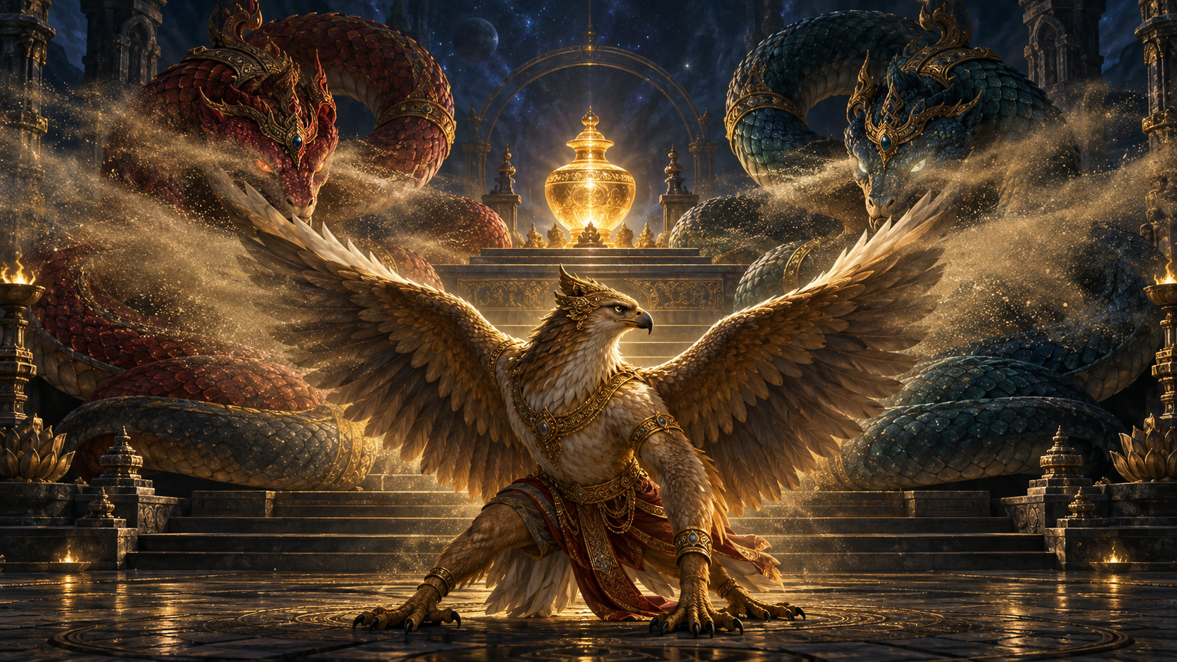 Garuda faces two coiled serpent guardians as a cloud of dust veils their glowing eyes beside the vessel of Amrita.