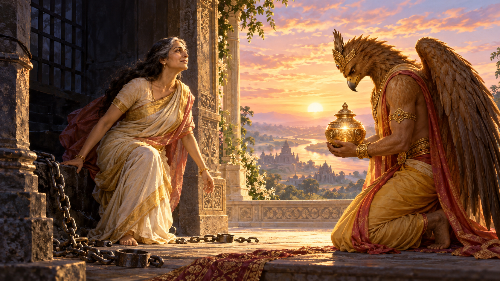 Garuda presents the glowing vessel of Amrita without drinking it as his mother Vinata steps out of bondage into warm daylight.