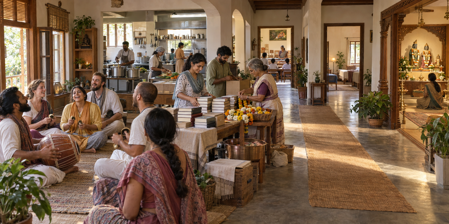 A continuous interior scene moves from a small floor-seated kirtan gathering to an organized temple with volunteers, a kitchen, a classroom, and a worship hall.