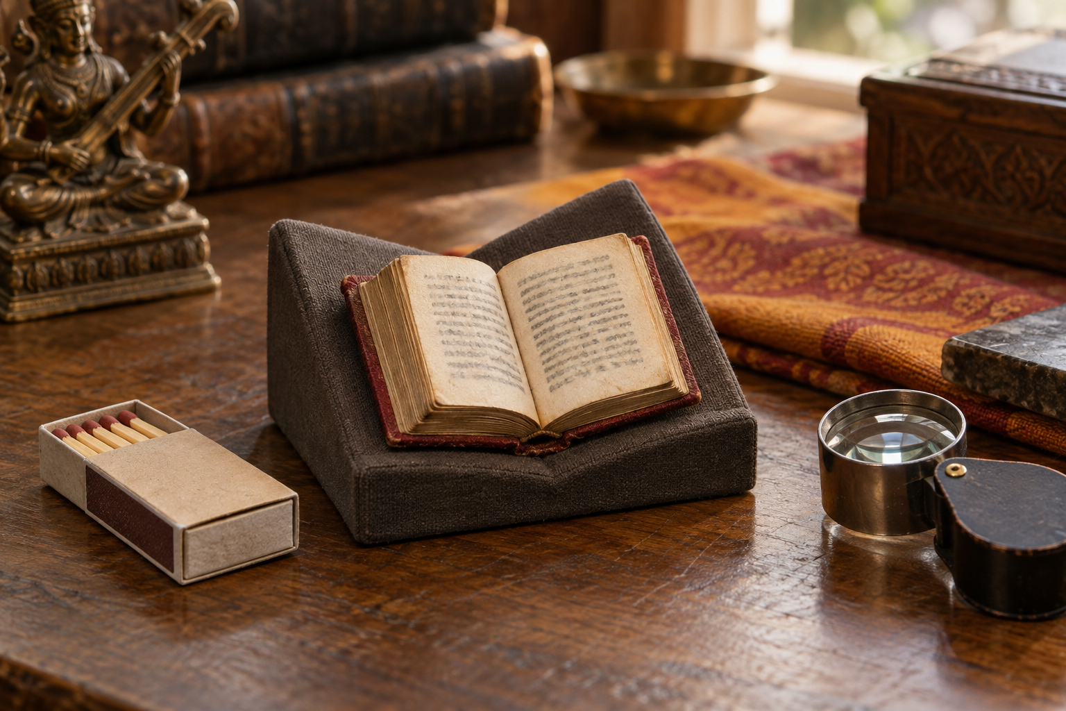 A tiny red-bound printed book rests on an archival cradle beside a plain matchbox and magnifying loupe.