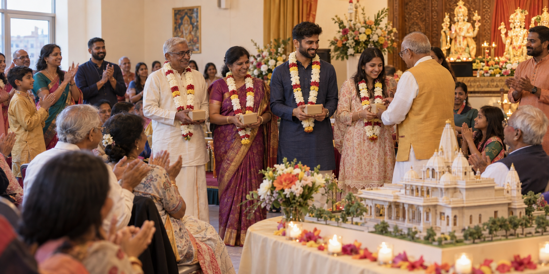 Devotees applaud garlanded volunteers at a recognition gathering, with a model of a future temple in the foreground.