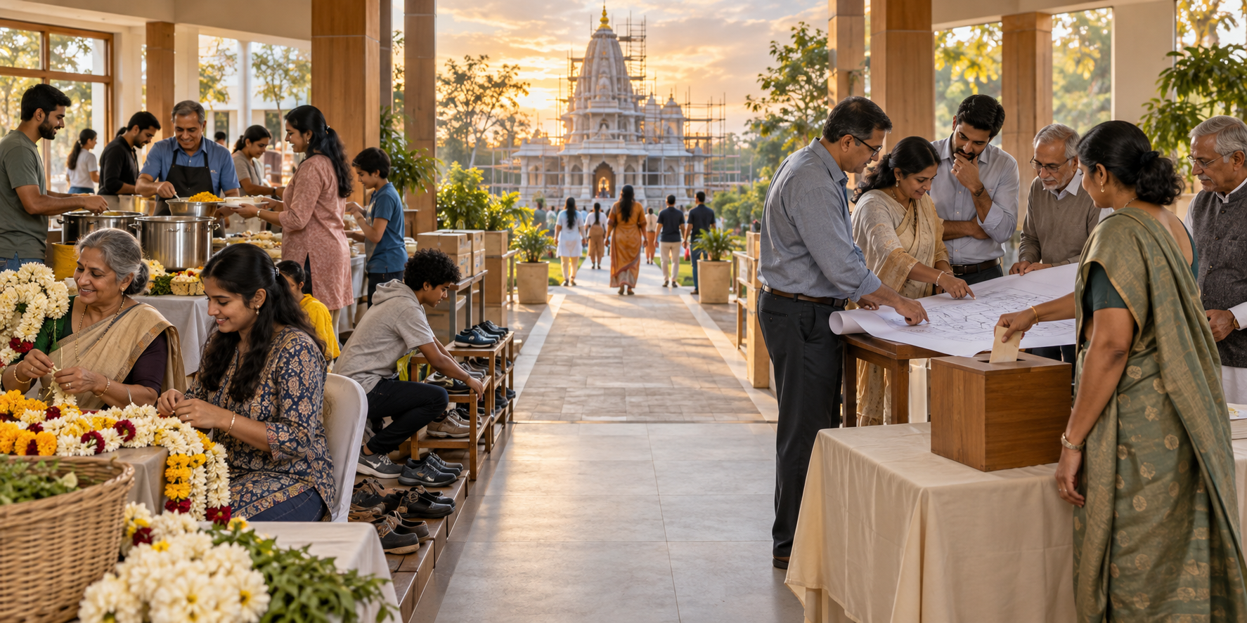 Volunteers prepare flowers, food and supplies while patrons support plans for a temple building project.
