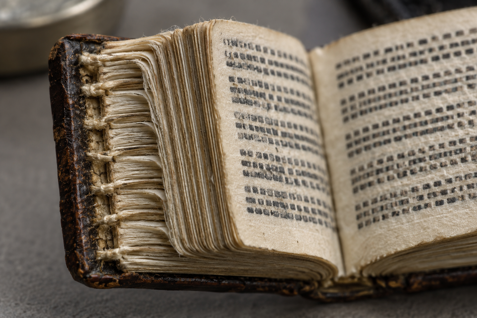 A magnified view of a tiny bound book shows regular ink patterns, folded page gatherings, stitching, and paper fibers.