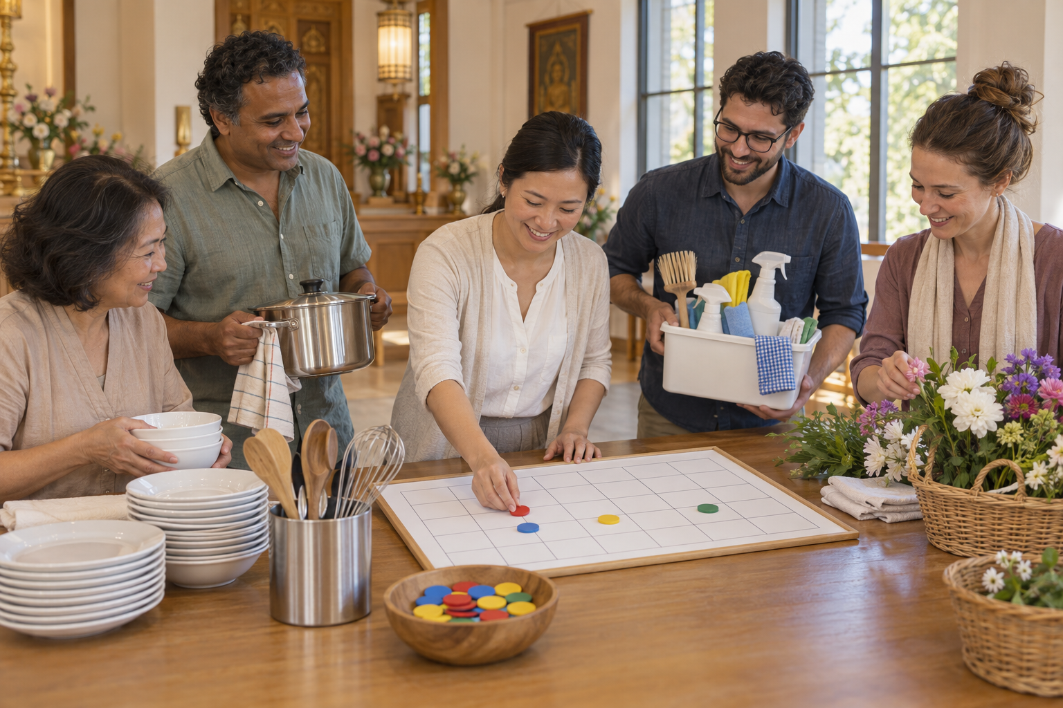 A coordinator and four volunteers organize manageable service tasks around a table with a blank weekly planner and supplies.