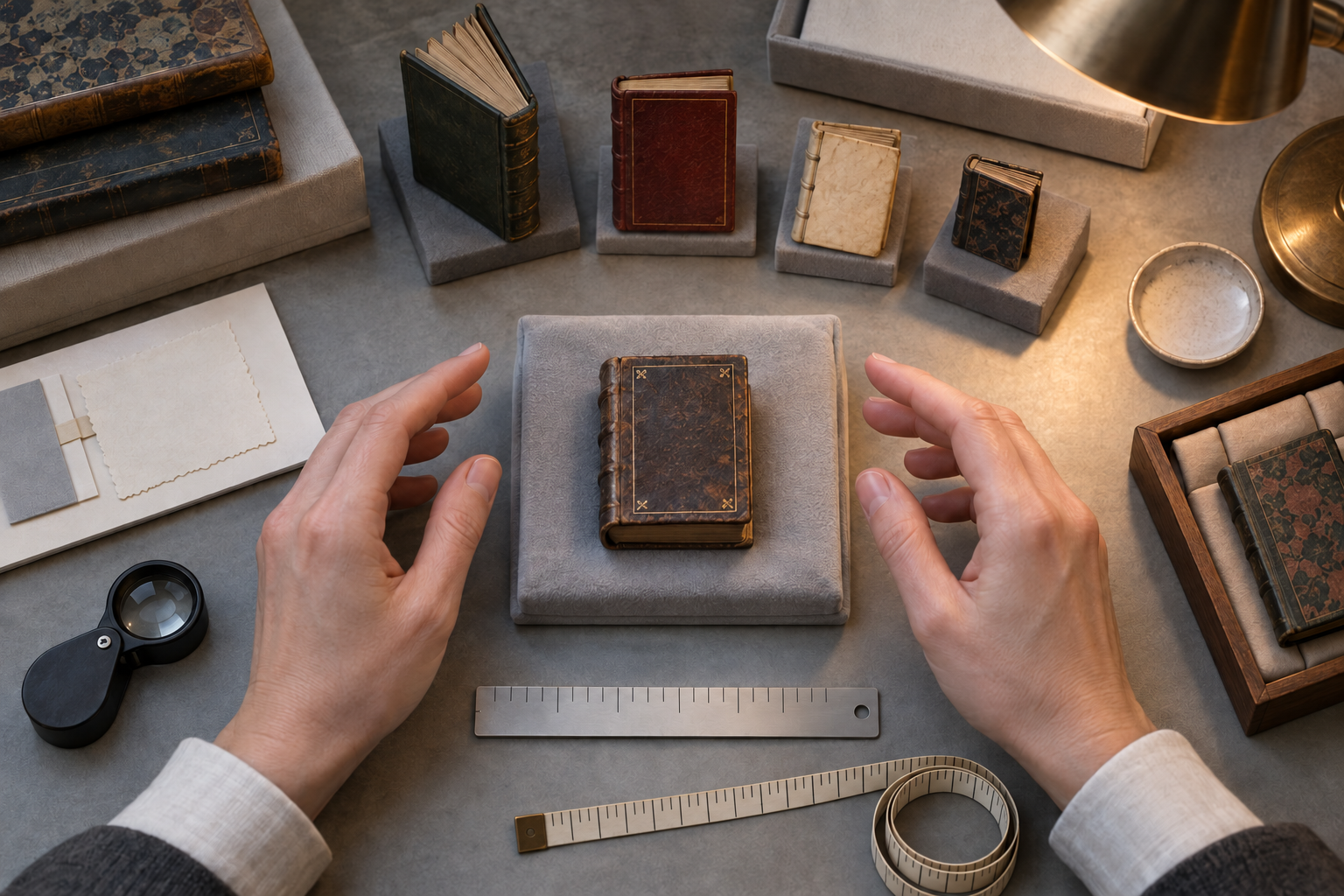 A miniature book sits on a padded support with a loupe, measuring tools, comparison volumes, and a researcher's hands nearby.