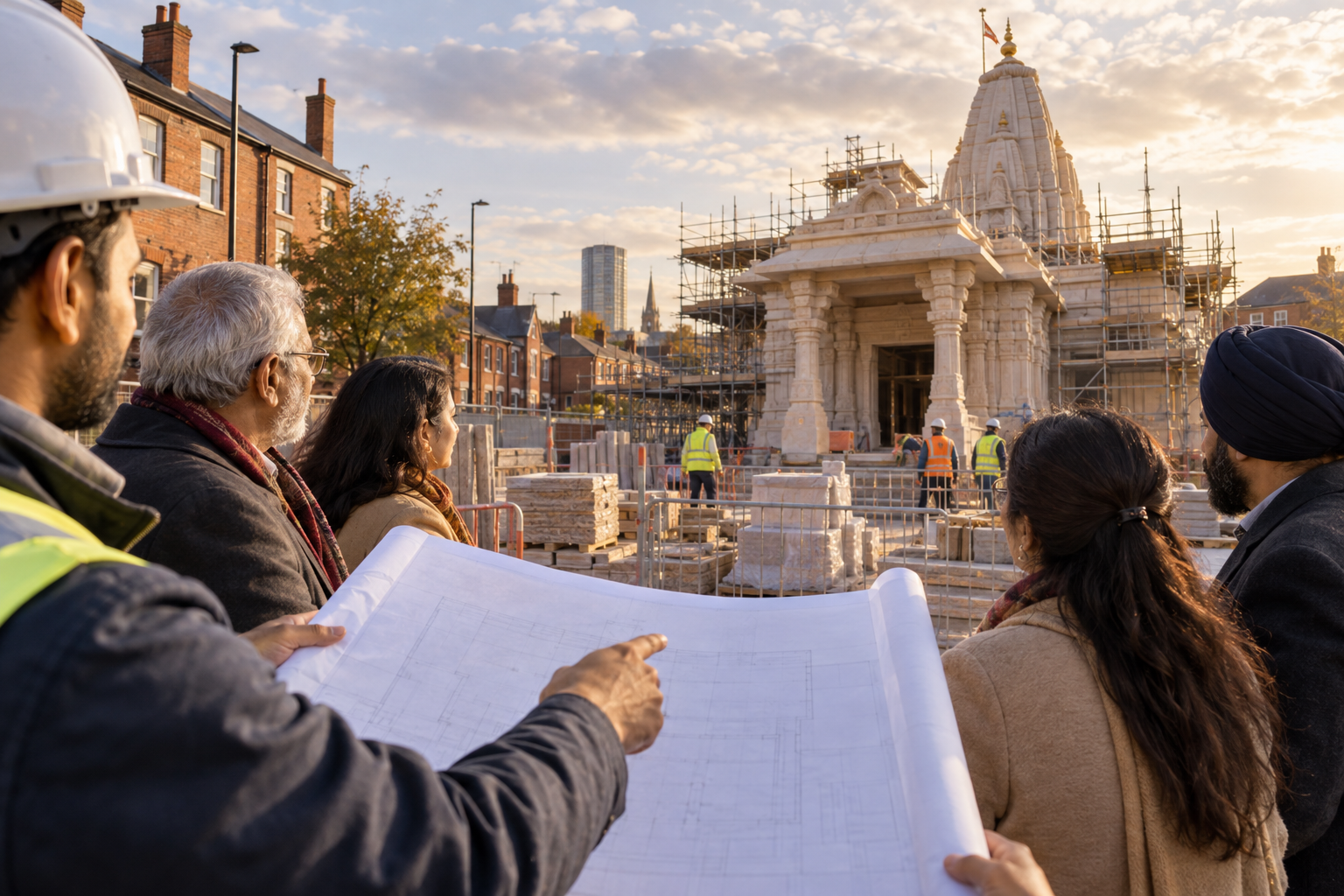 Volunteers view unmarked plans beside the partially built structure of a new Hindu temple in an urban Birmingham setting.