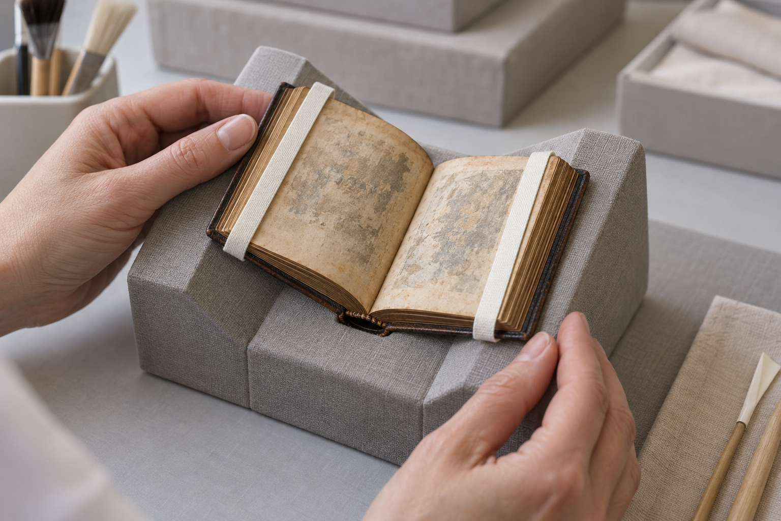 Clean hands gently support a tiny book in a fitted conservation cradle under soft, even light.