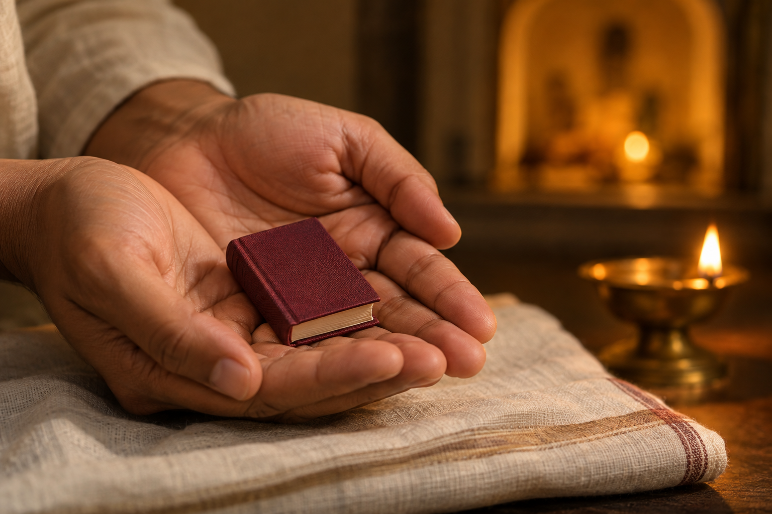 An anonymous person cups a tiny clothbound sacred book in both hands near a softly glowing oil lamp.