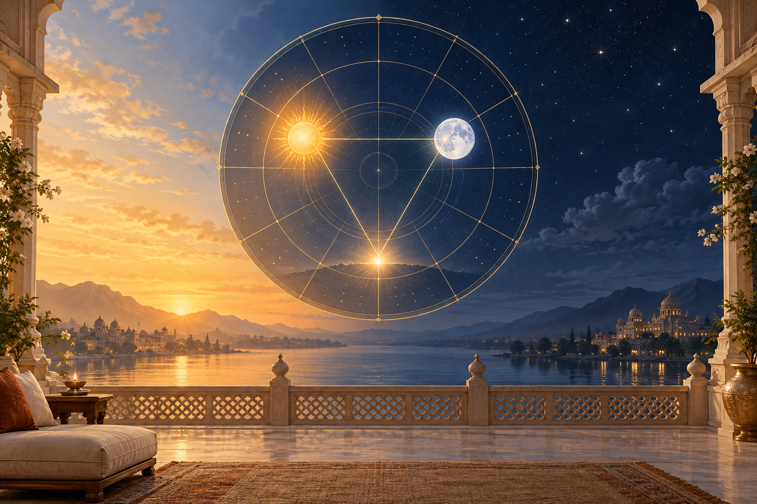 An unlabeled celestial circle above an Indian terrace, with the Sun, Moon, and a glowing horizon point set between day and night.