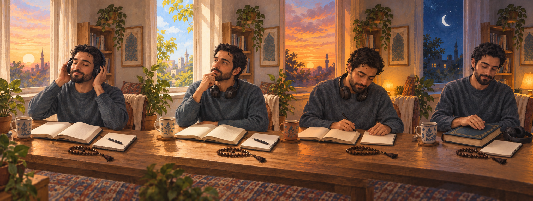 Four connected scenes show the same person listening, reflecting, writing, and closing a scripture at different times of an ordinary day.