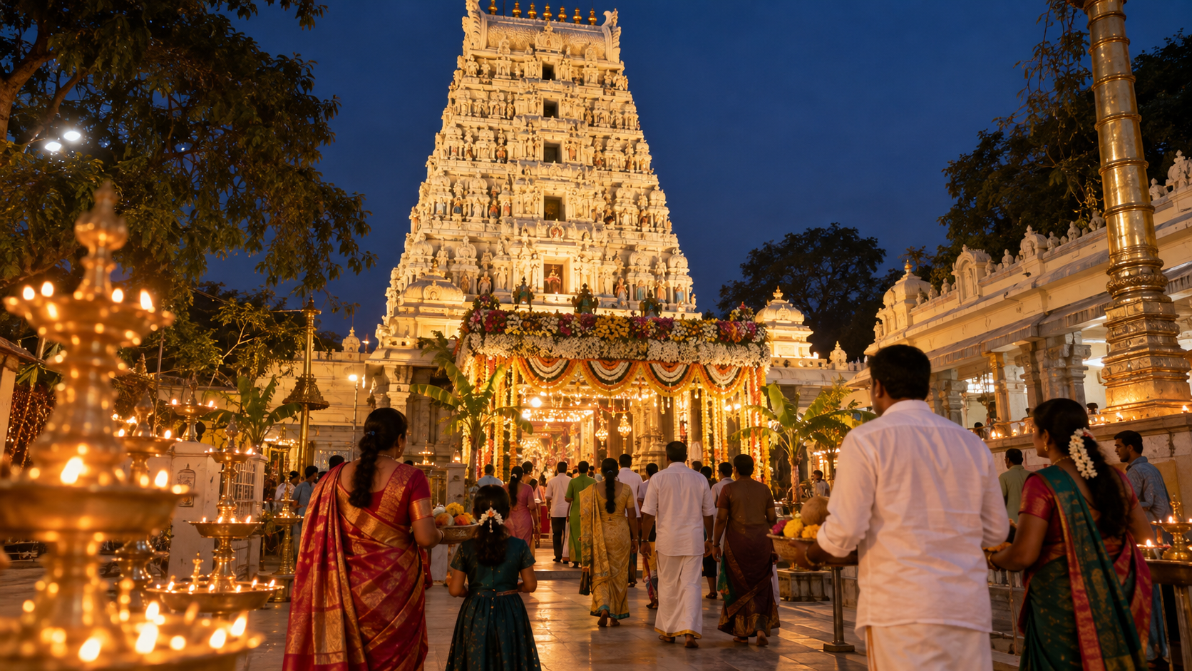 Devotees carrying flowers and offerings approach an illuminated South Indian goddess temple during a Navaratri evening in Hyderabad.