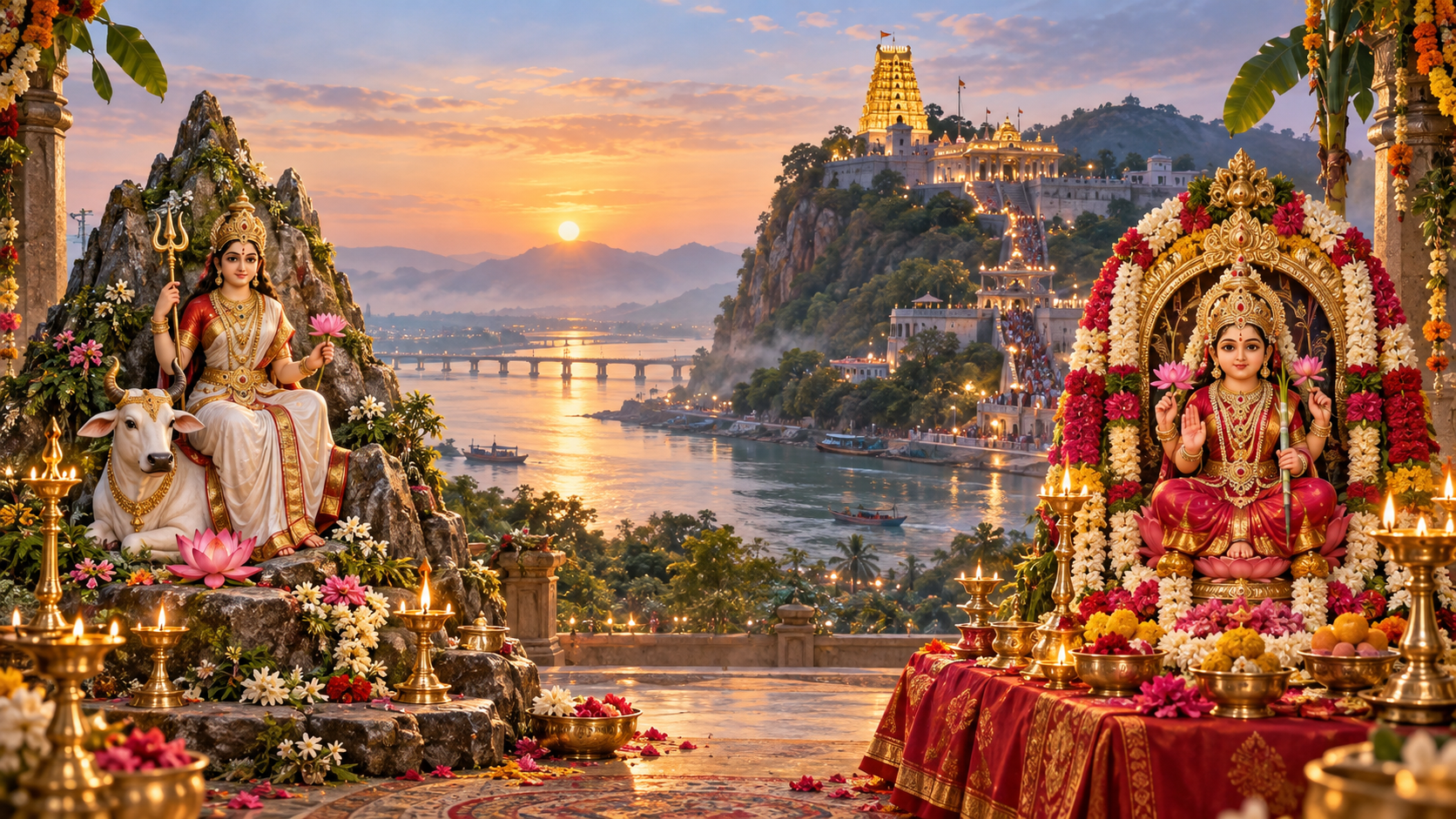 Devotional illustration of the Kanaka Durga temple above the Krishna River at dawn, with lamps and separate Shailaputri and Bala Tripura Sundari altar arrangements in the foreground.