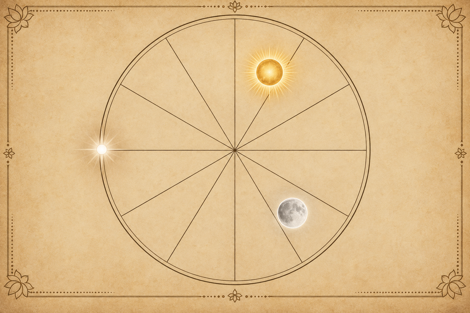 An unlabeled twelve-part astrological circle showing a golden Sun, a silver Moon, and a bright point at the eastern horizon.
