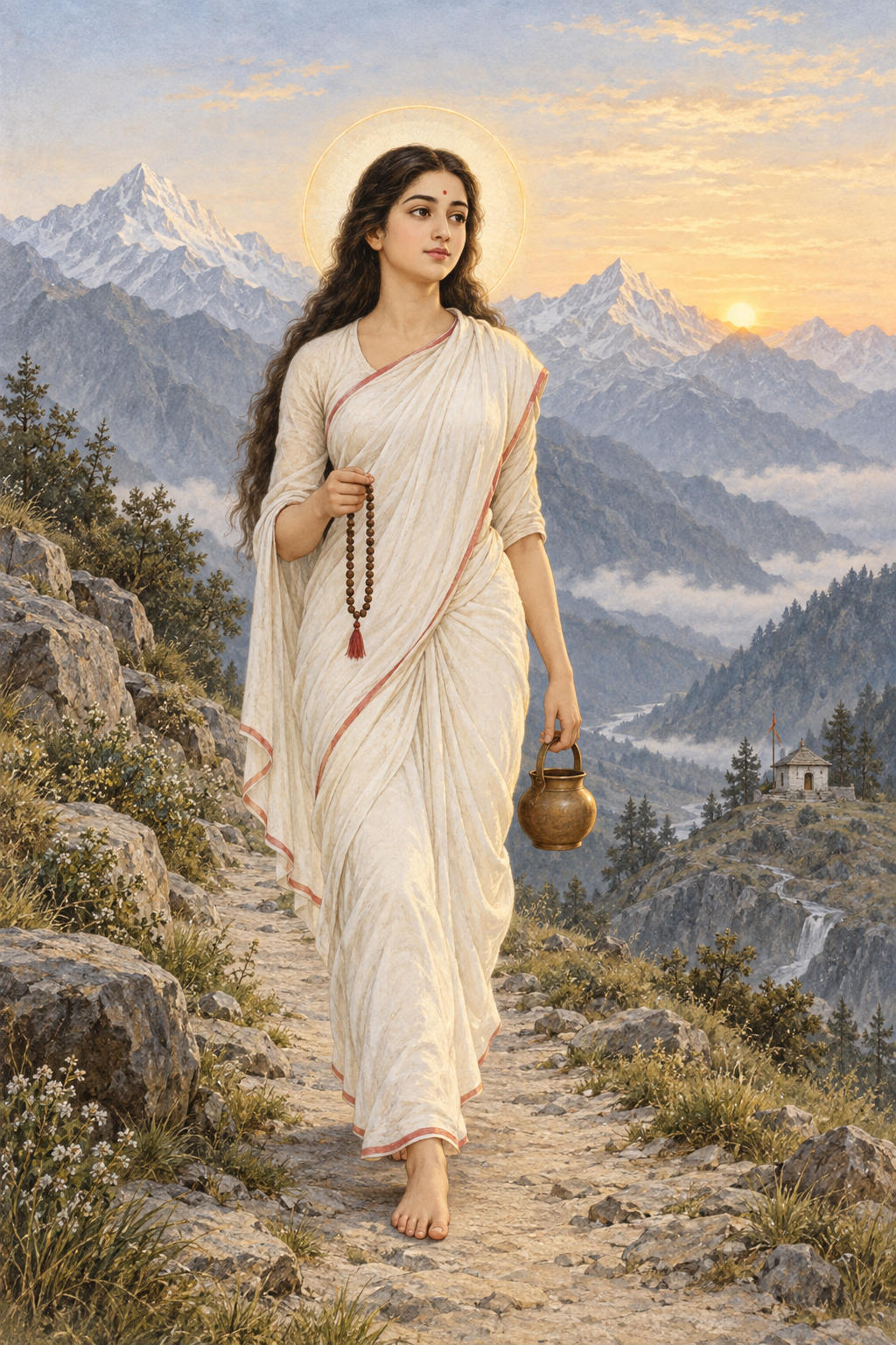 Goddess Brahmacharini walks barefoot on a Himalayan path in a white sari, carrying prayer beads and a water pot.