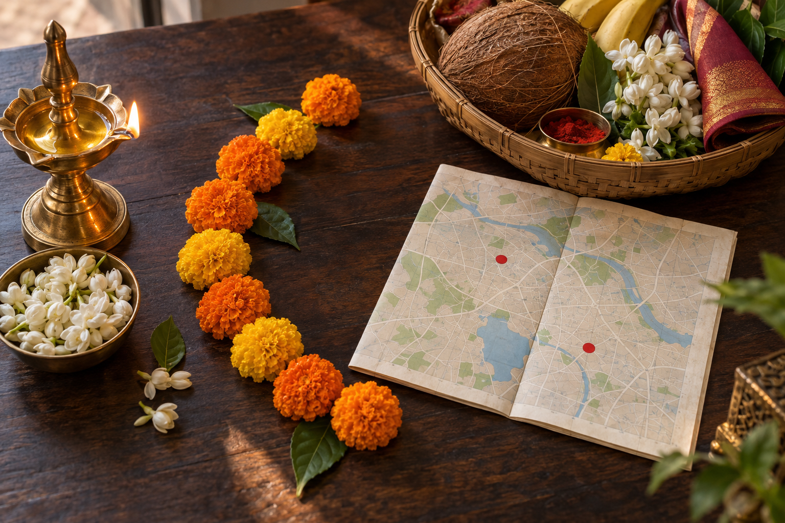 Nine marigold clusters, a brass lamp, flowers, coconut, offering basket, and an unlabelled city map symbolize planning a Navaratri temple visit.