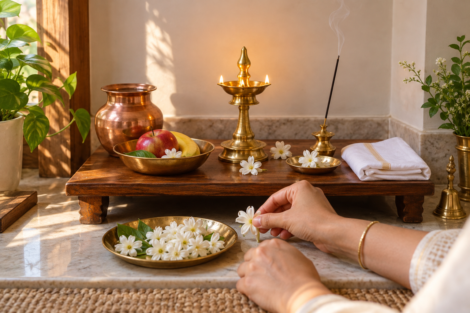Hands place a white flower beside a brass lamp, water vessel, fruit and incense in a simple home puja arrangement.