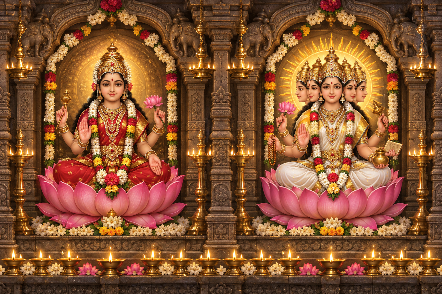 Two adjacent illuminated temple niches show Bala Tripura Sundari on a pink lotus and the multi-faced Gayatri Devi beneath a golden sunburst.
