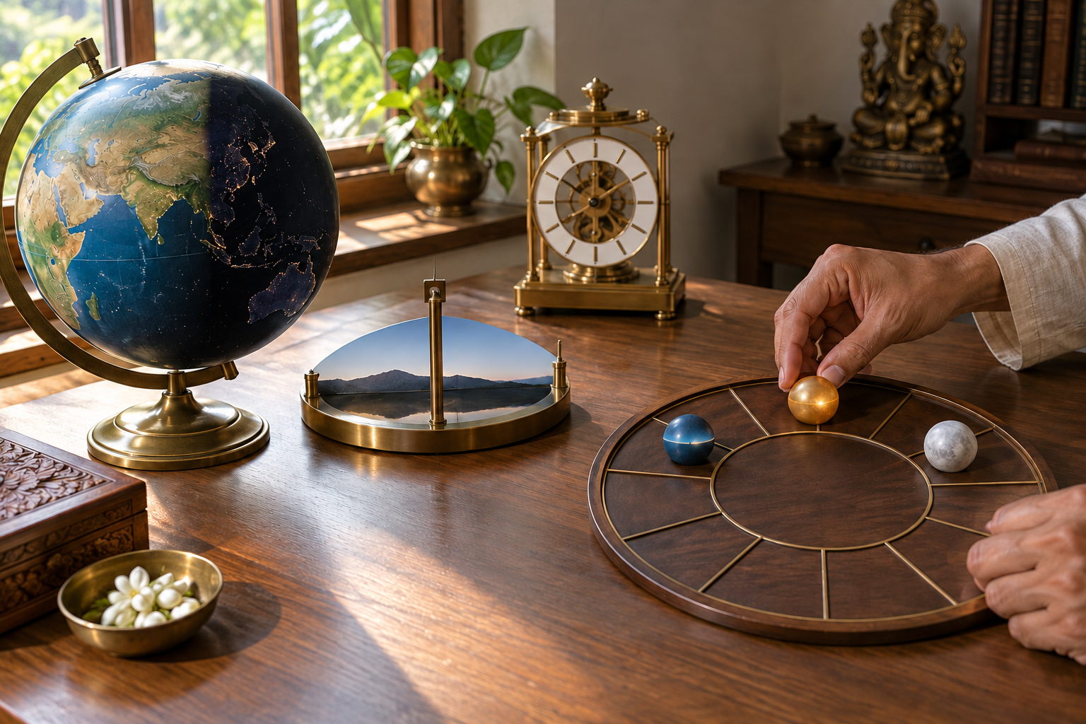 A scholar's hands compare a day-and-night globe, a clock, and Sun and Moon tokens beside an unlabeled astrological circle.