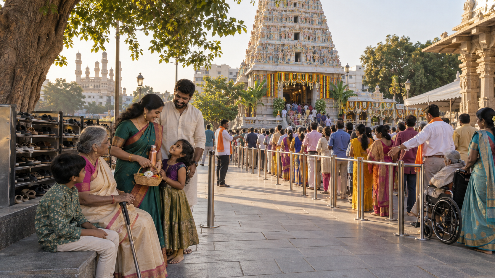 A family waits in the shade beside an orderly queue leading toward a flower-decorated Hyderabad temple during Navaratri.