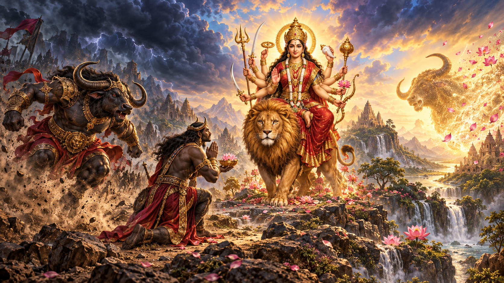 Devi stands with her lion in a panoramic scene showing a buffalo demon charging, a warrior kneeling with an offering, and a dark silhouette dissolving into golden light.