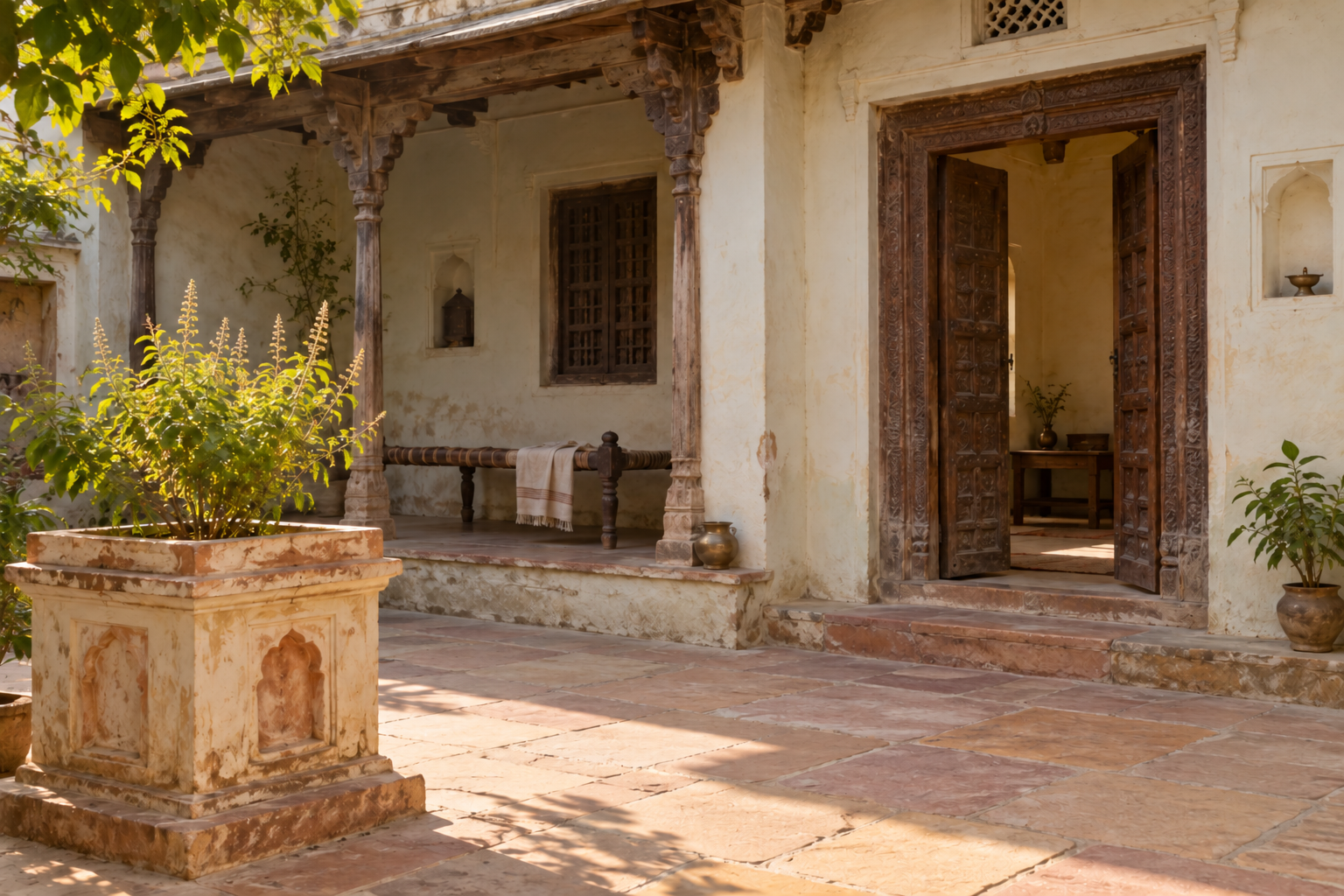 A modest traditional Vrindavan residence with an open wooden doorway, shaded verandah, stone courtyard and raised tulsi planter in early morning light.