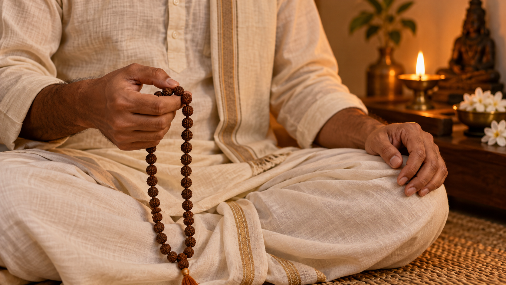 A seated devotee quietly counts rudraksha beads beside an oil lamp and white flowers.