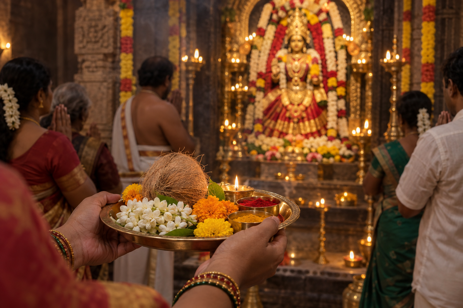 A devotee presents flowers, kumkum, turmeric, and coconut before a softly illuminated goddess shrine during Navaratri worship.