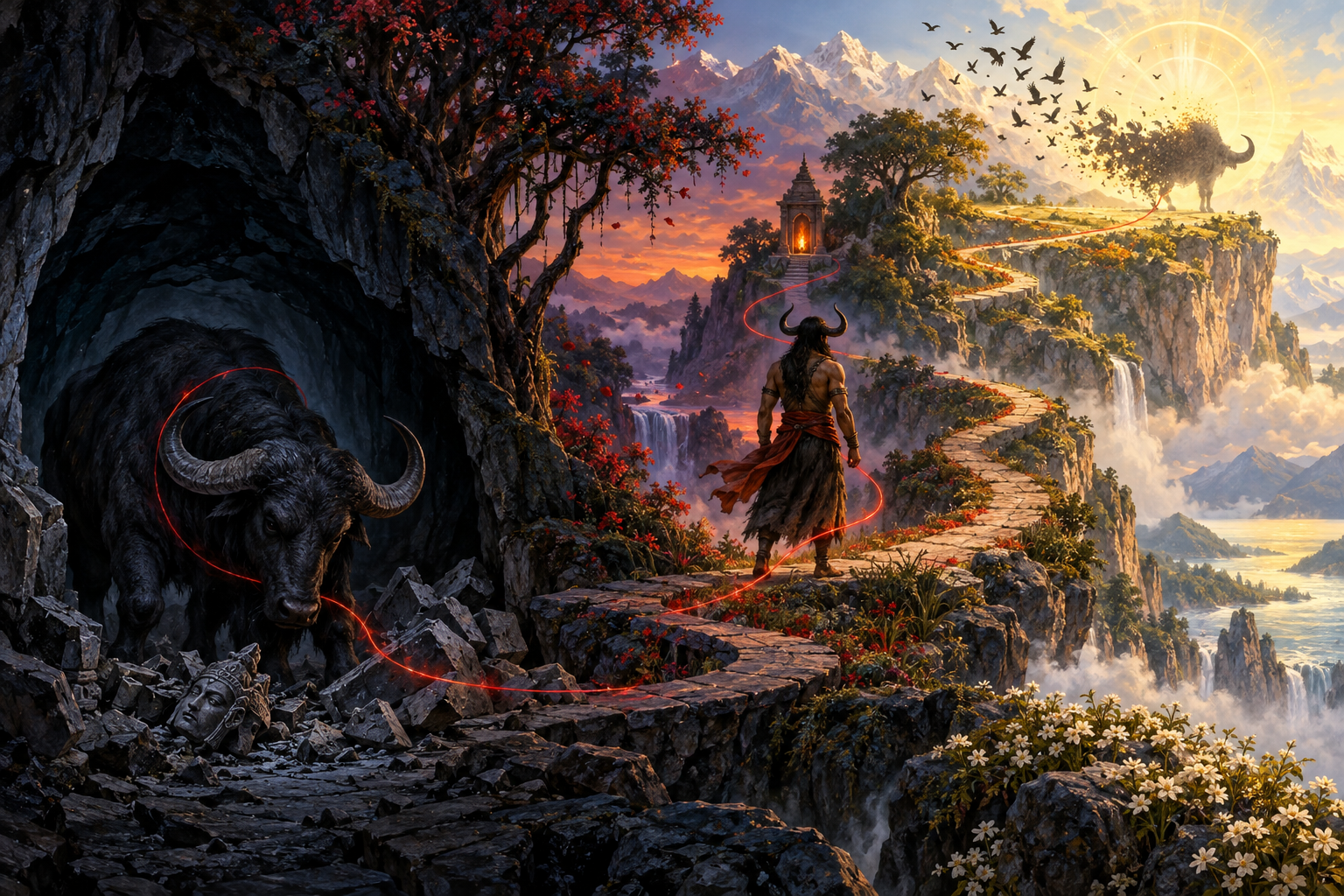 A spiral path links a buffalo in a dark cavern, a horned warrior facing a shrine light, and a buffalo-shaped shadow dissolving on a bright mountain terrace.