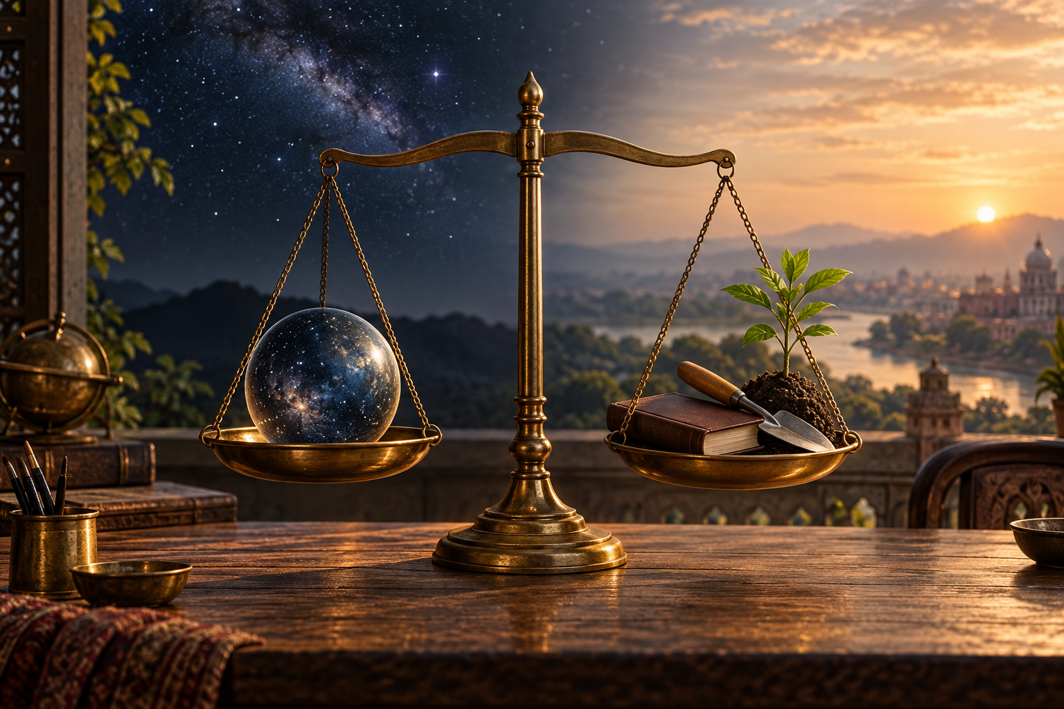 A brass balance holds a glowing celestial sphere opposite an unmarked book, a tool, and a growing plant.