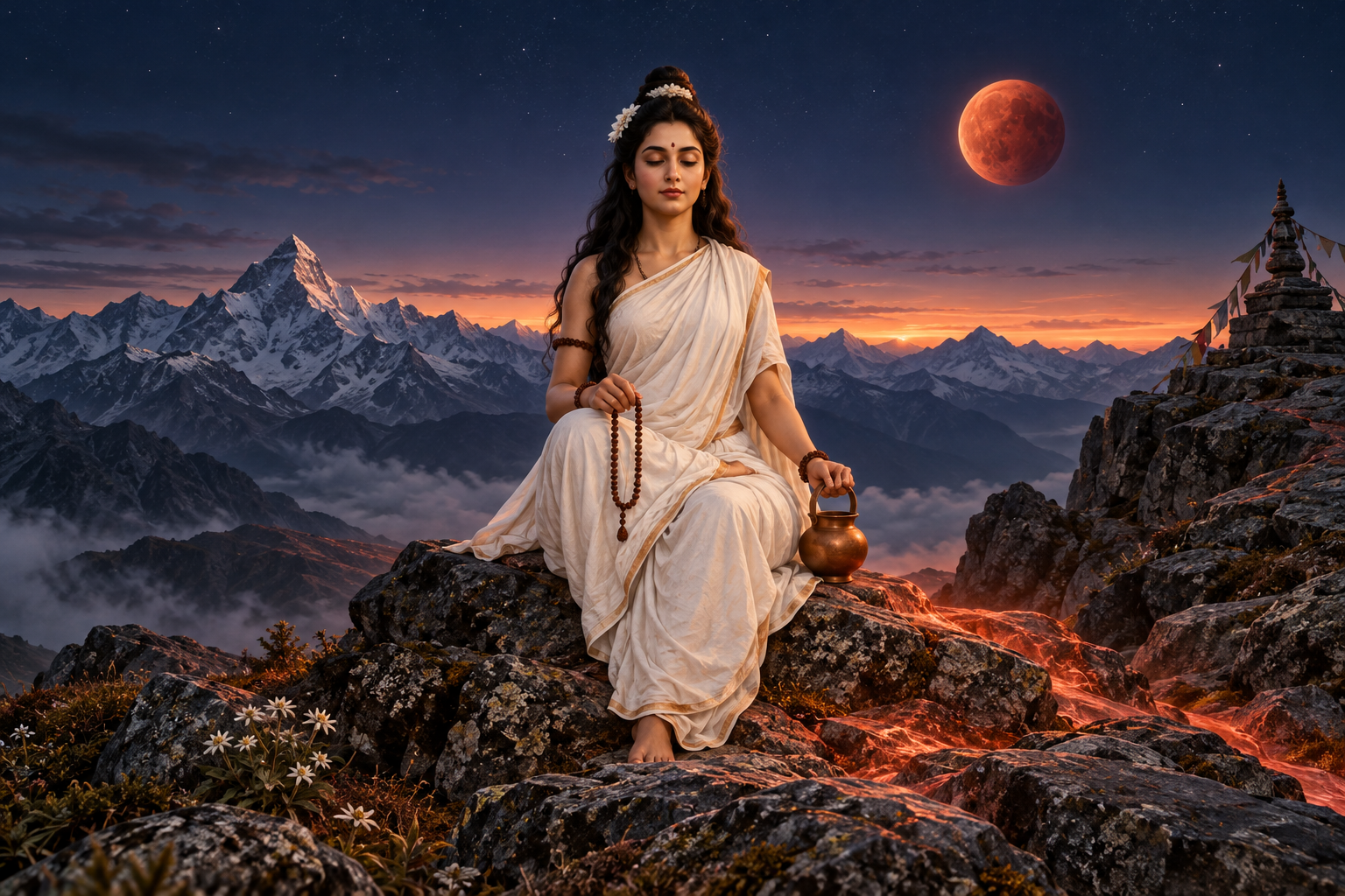 Brahmacharini meditates on a mountain ridge beneath a small rust-red celestial orb glowing in the predawn sky.