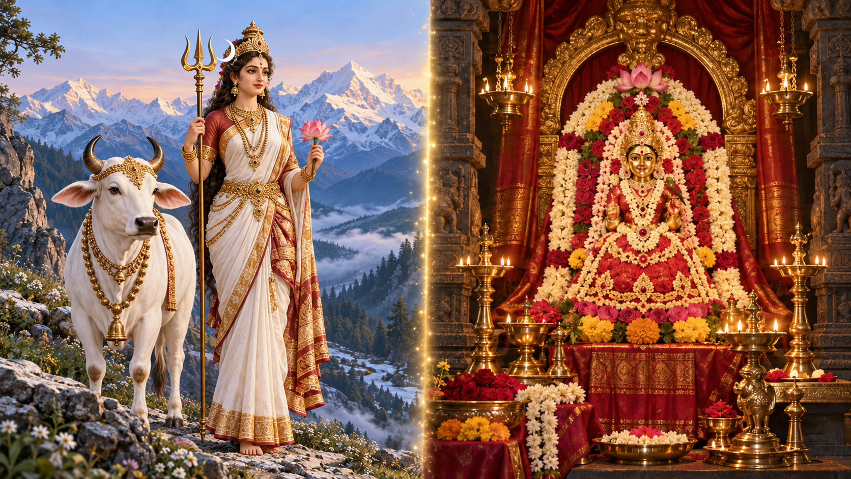 Diptych showing Shailaputri with a white bull in a mountain setting and Bala Tripura Sundari adorned with flowers inside a temple sanctum.