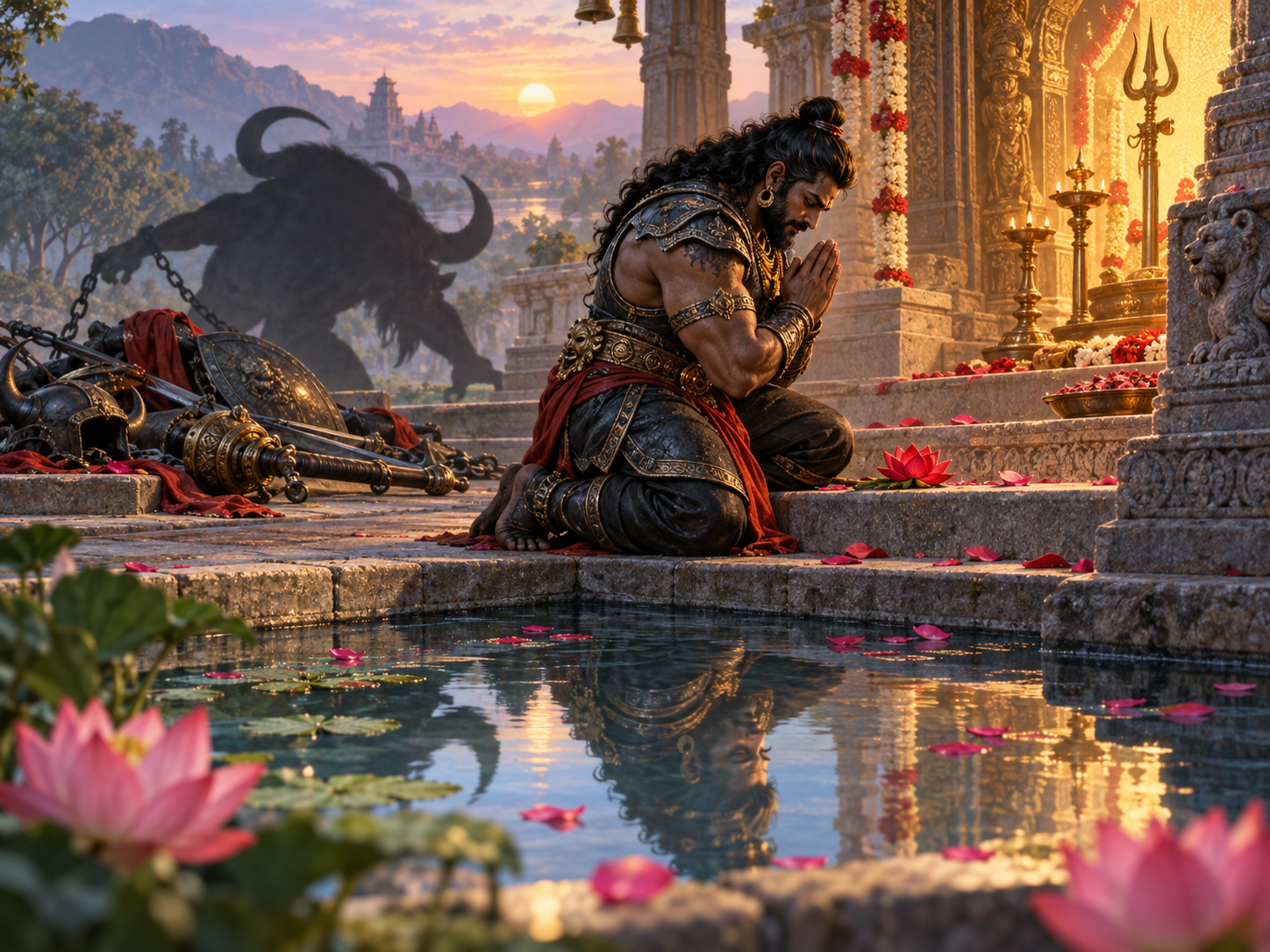 A kneeling asura offers a red lotus at a glowing shrine while his buffalo-shaped shadow reaches toward weapons and his reflection appears calm and unarmed.