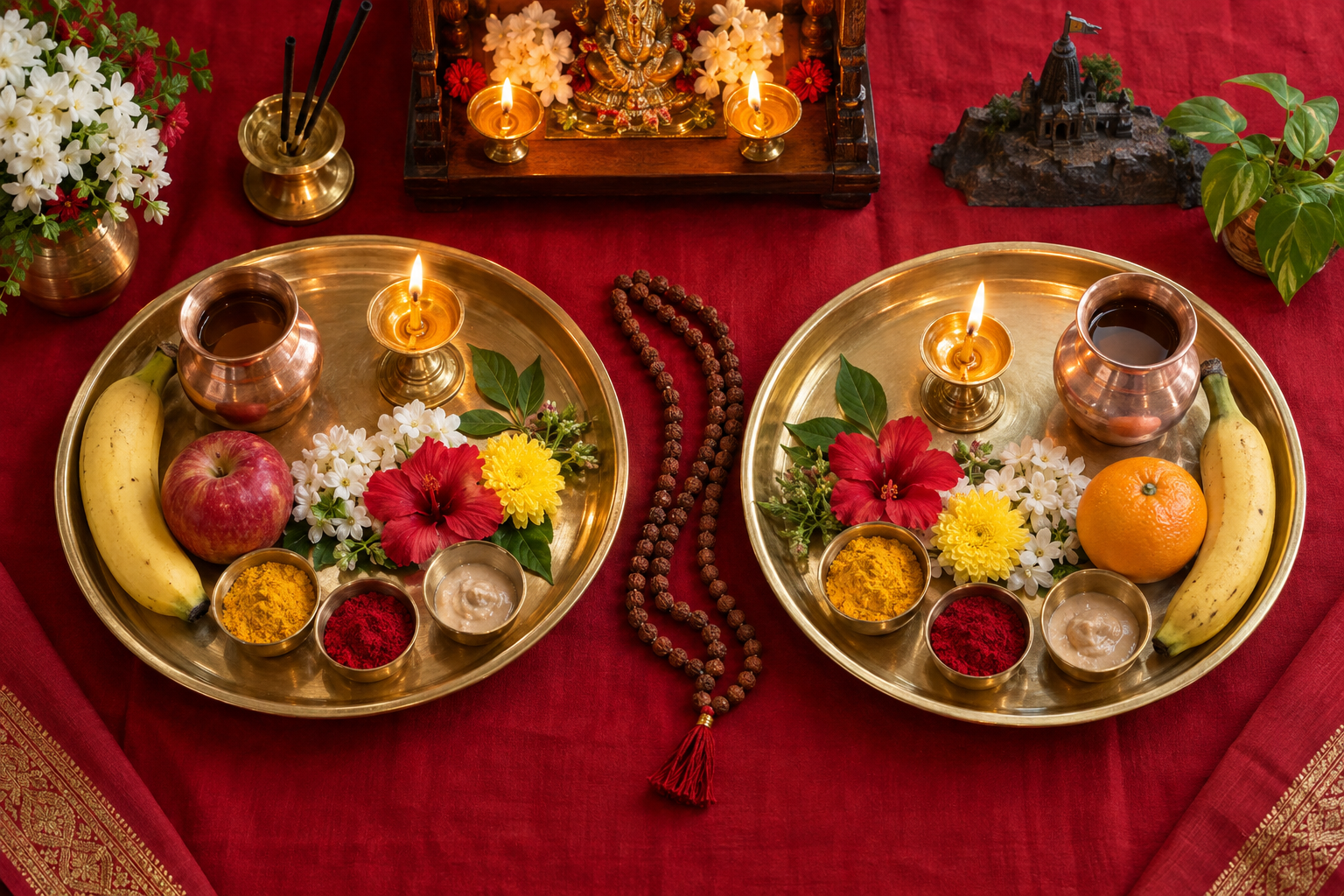 Overhead view of two brass puja trays with lamps, flowers, fruit, prayer beads, and ritual vessels arranged beside a small household shrine.