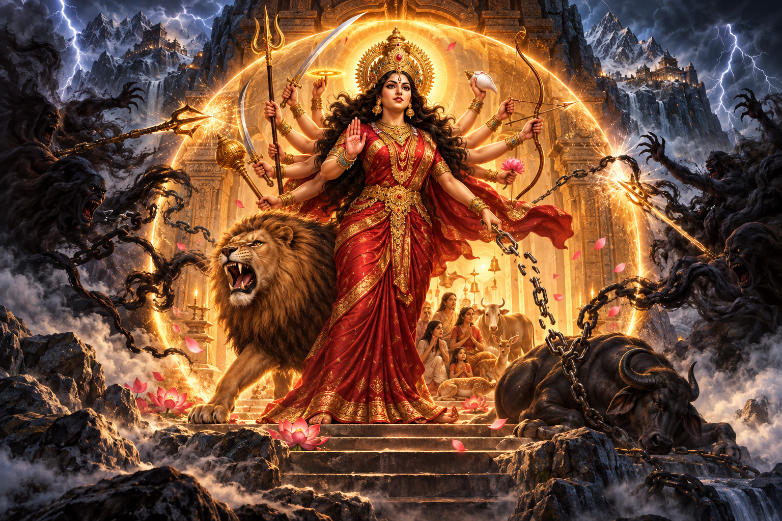 A fierce many-armed Devi and her lion guard devotees from dark forms while she cuts a chain beside a subdued buffalo figure.