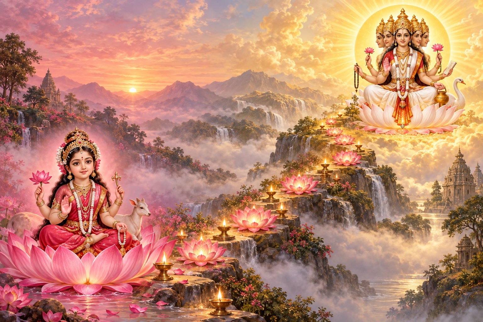 Devotional painting with Bala Tripura Sundari at dawn connected by glowing lotuses and lamps to Gayatri Devi in golden morning light.