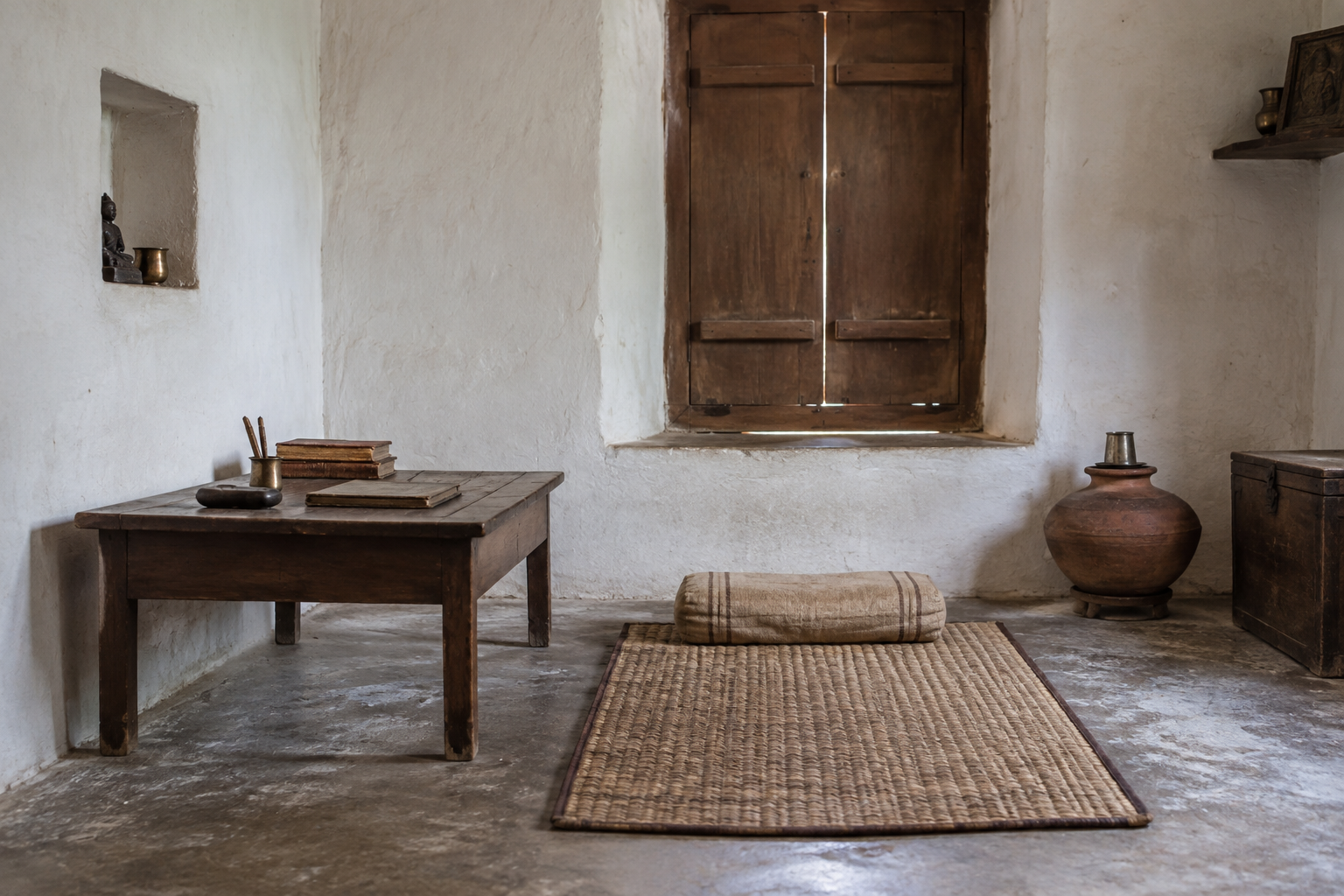A simple whitewashed room containing a low wooden desk, woven mat, shuttered window, clay vessel and a few carefully arranged objects.