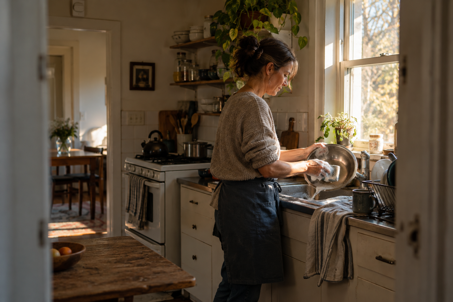 An adult washes a metal bowl at a lived-in kitchen sink as late-afternoon sunlight falls across the dishes and wet hands.