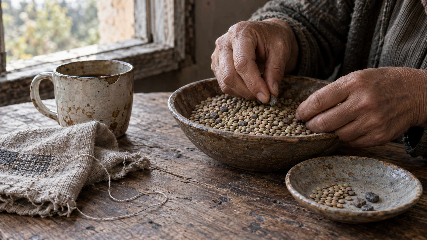Work-worn hands sort lentils beside a chipped cup and mending cloth on a scratched wooden table.