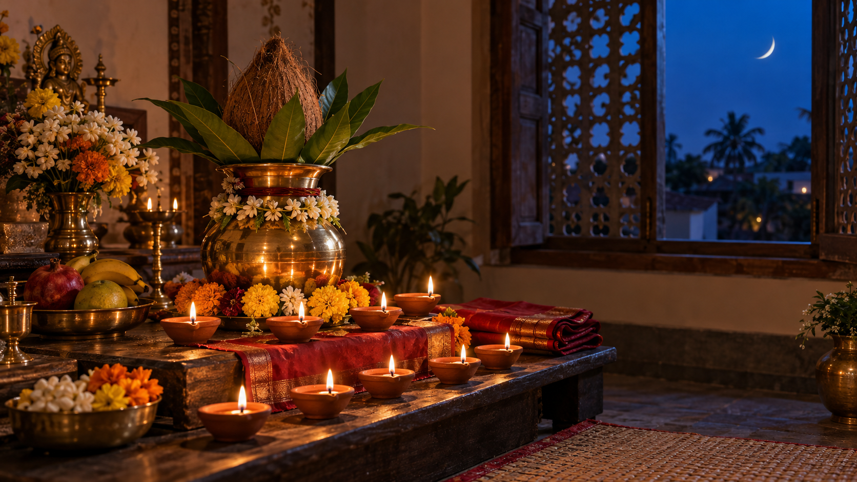 A brass kalasha, flowers, fruit, and nine glowing clay lamps arranged on a home altar beneath an indigo sky with a slender moon.