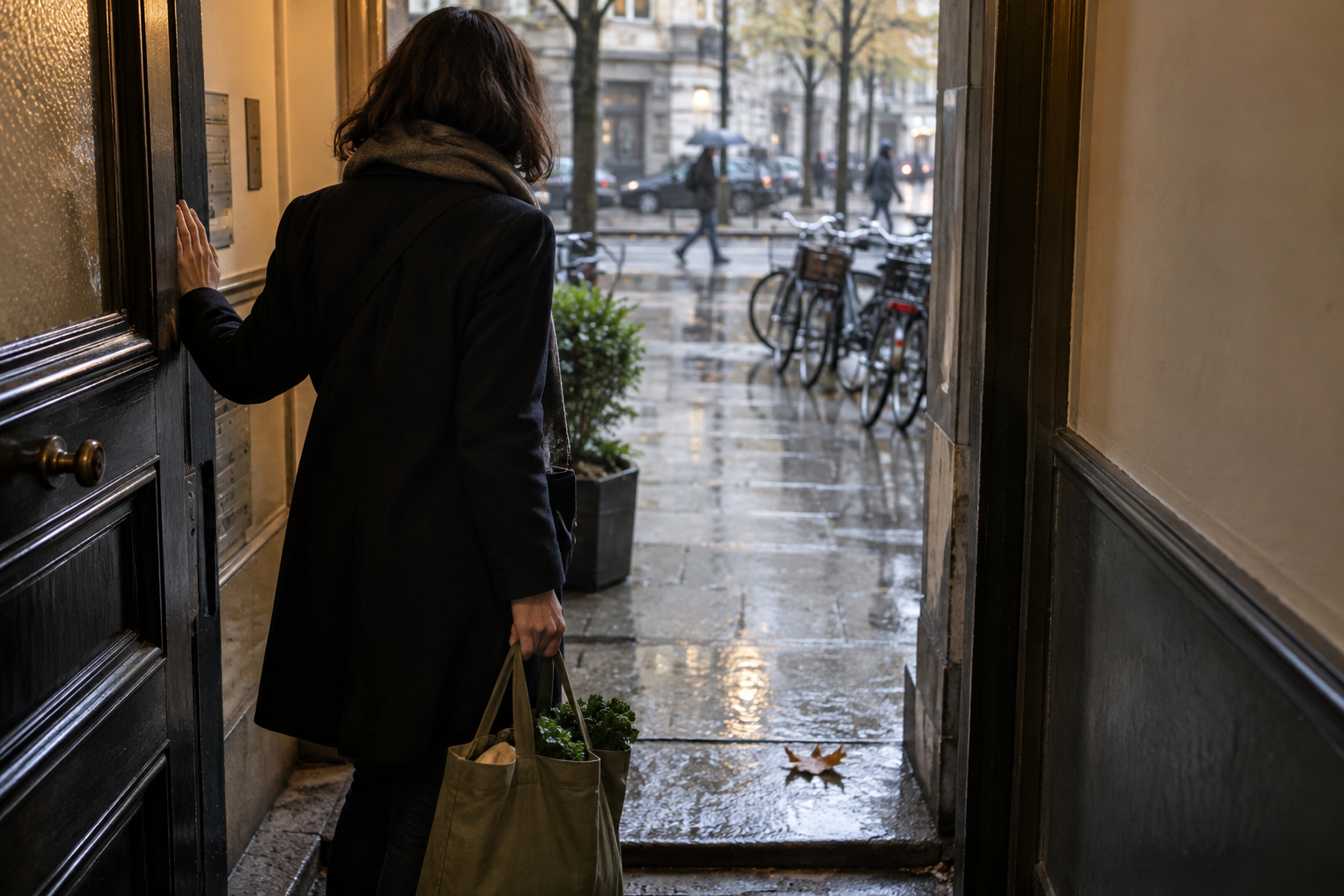 A commuter pauses in an apartment doorway and looks at rainwater and a fallen leaf on the worn step.
