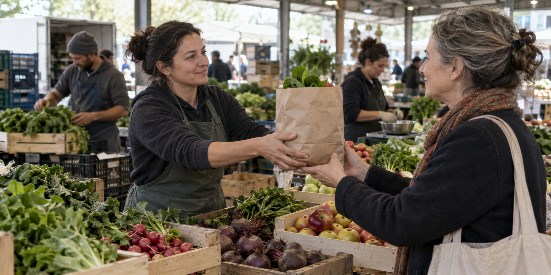 A produce worker hands a bag of vegetables to a customer while other workers arrange food in the market behind them.