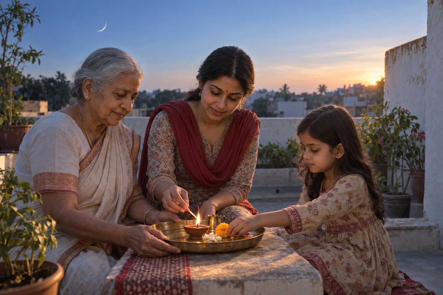 Three generations of a family prepare flowers and a clay lamp on a terrace at dawn while a crescent moon remains visible.
