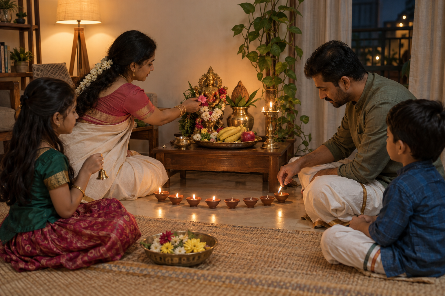 A family sits on woven mats around a simple Navaratri altar, tending oil lamps and offering flowers in the evening.