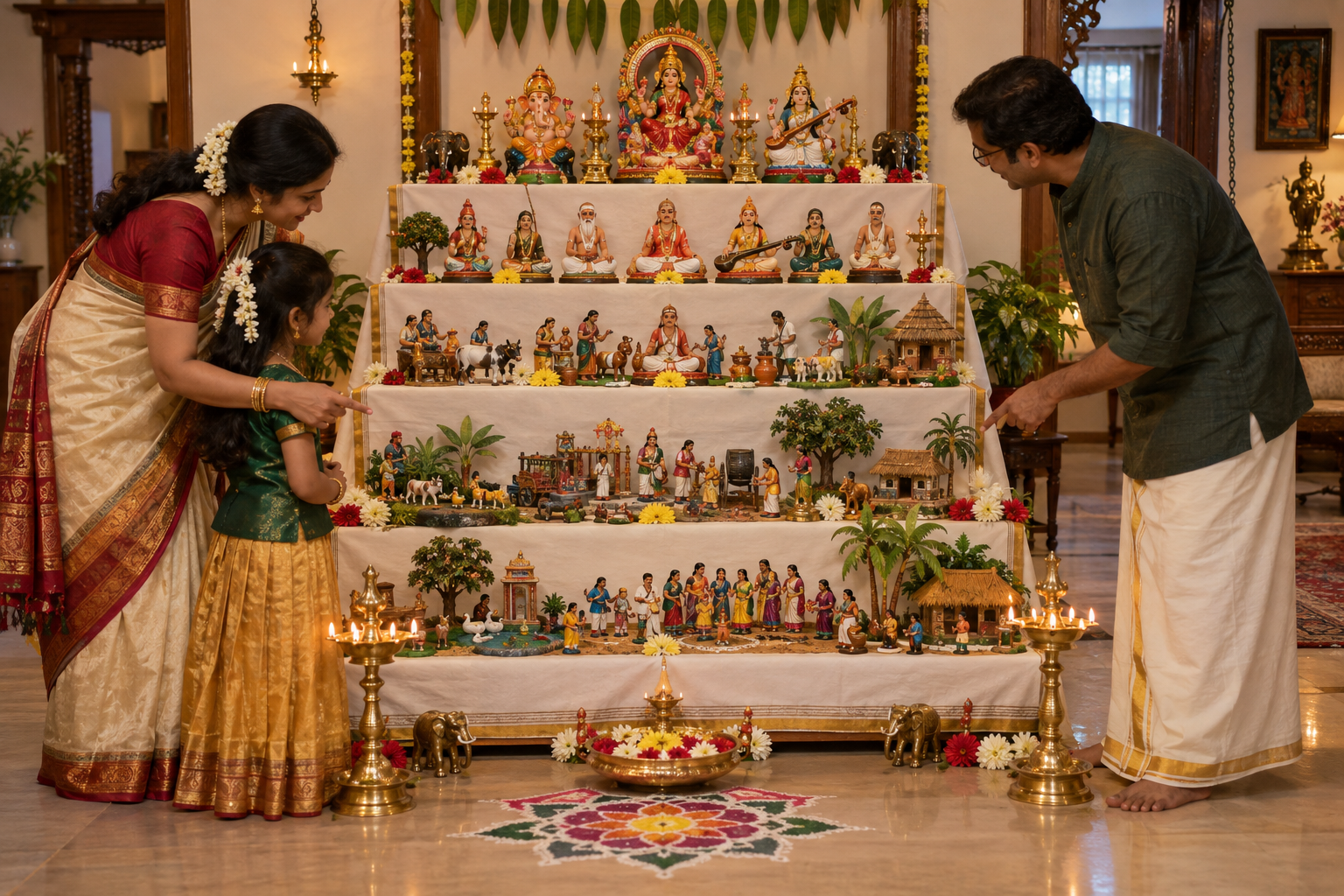A family views a tiered Navaratri Kolu display with figurines of divine figures, musicians, craftspeople, village scenes, and animals.