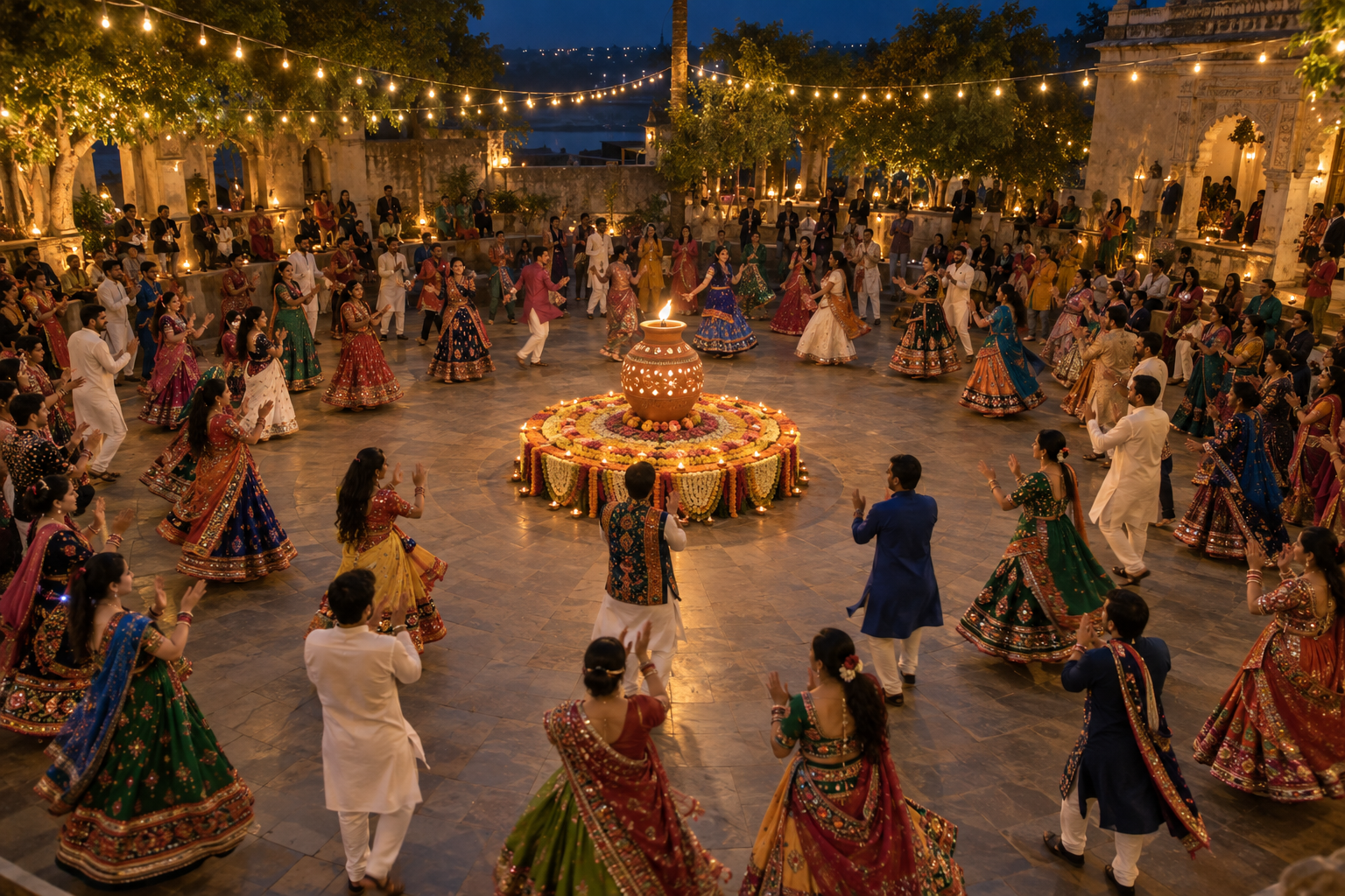 Garba dancers form concentric circles around a flower-decorated earthen lamp at the centre of an evening courtyard.